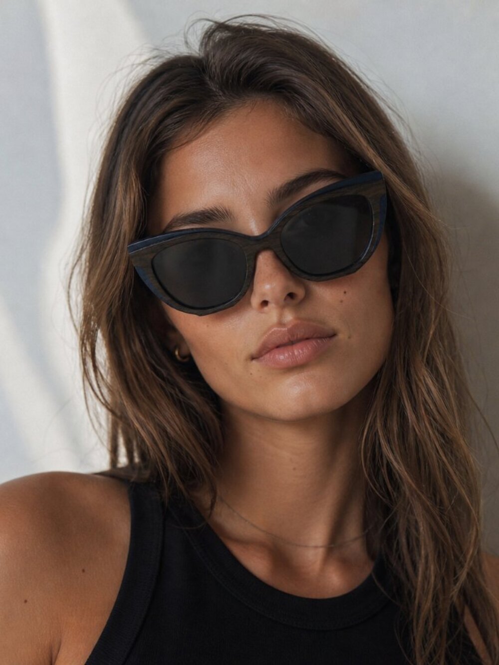 Transparent Cat Eye Sunglasses MELINA in Brown/Blue Wood Tones with Case